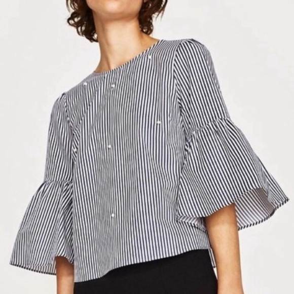 Philosophy Tops - Philosophy Navy Striped Bell Sleeve Blouse With Pearls M